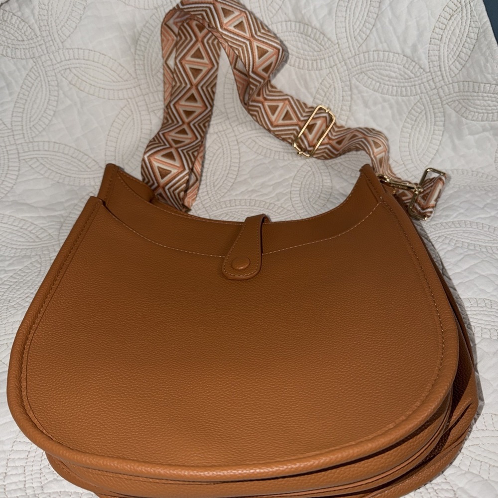 Ah-Dorned Crossbody Messenger Camel‎ Brown Vegan Leather with Guitar Strap